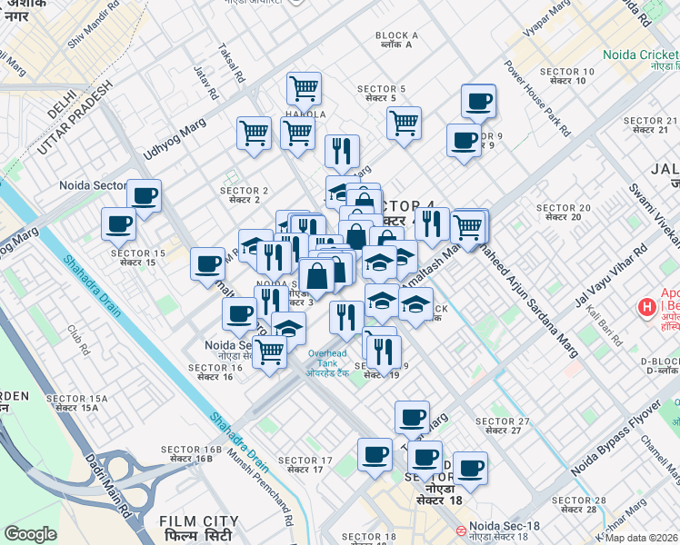 map of restaurants, bars, coffee shops, grocery stores, and more near in Noida