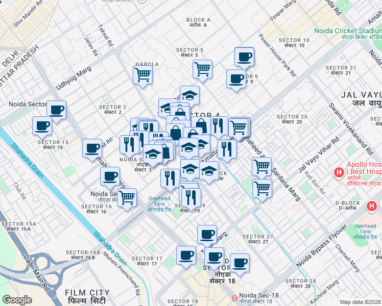 map of restaurants, bars, coffee shops, grocery stores, and more near in Noida