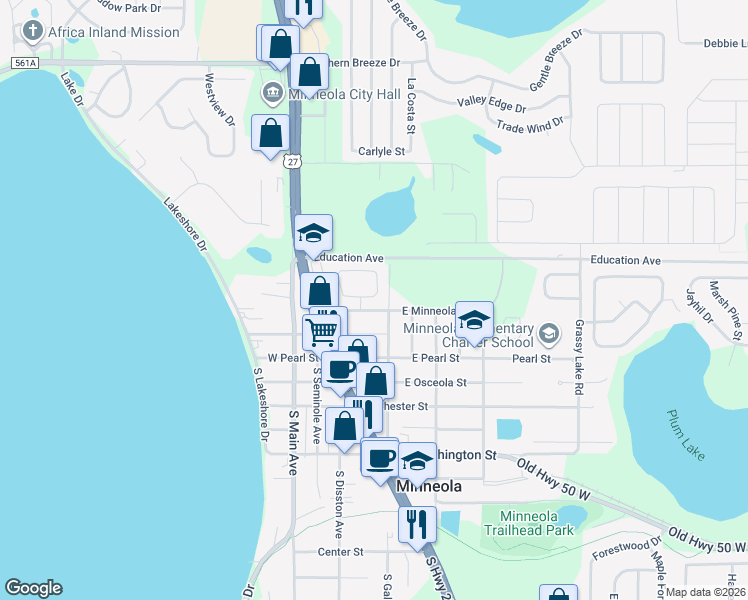 map of restaurants, bars, coffee shops, grocery stores, and more near 105 West Minneola Street in Minneola