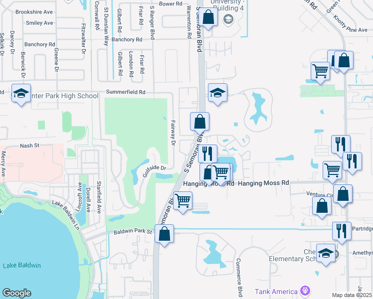 map of restaurants, bars, coffee shops, grocery stores, and more near 1202 Fairway Drive in Winter Park