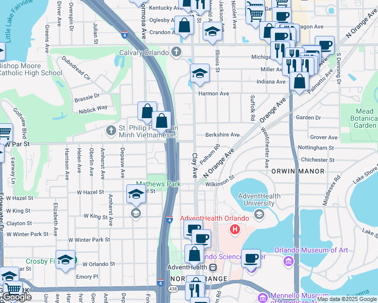 map of restaurants, bars, coffee shops, grocery stores, and more near 324A Bay Run Street in Orlando