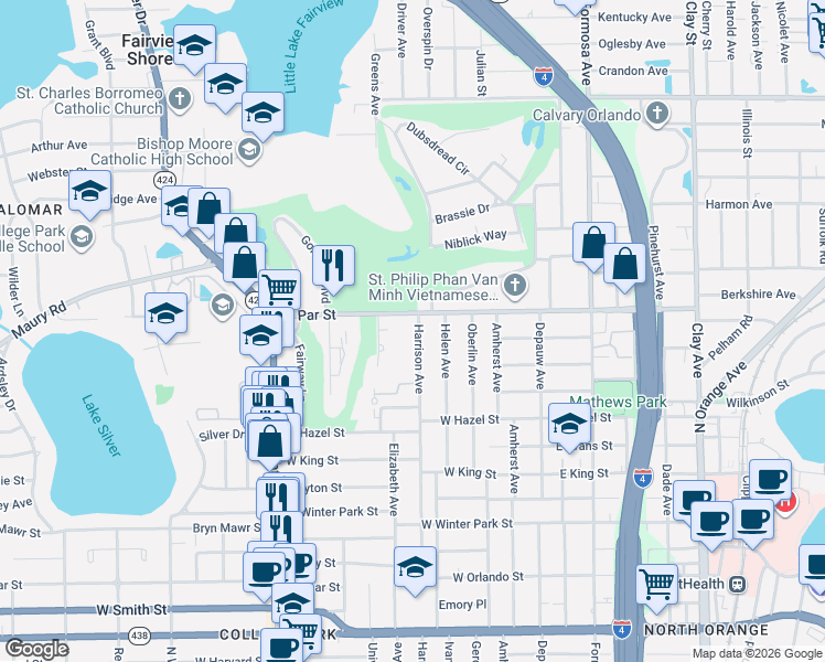 map of restaurants, bars, coffee shops, grocery stores, and more near 3222 Harrison Avenue in Orlando
