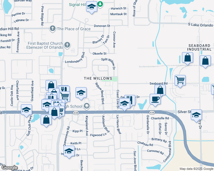 map of restaurants, bars, coffee shops, grocery stores, and more near 2869 Willow Bend Boulevard in Orlando