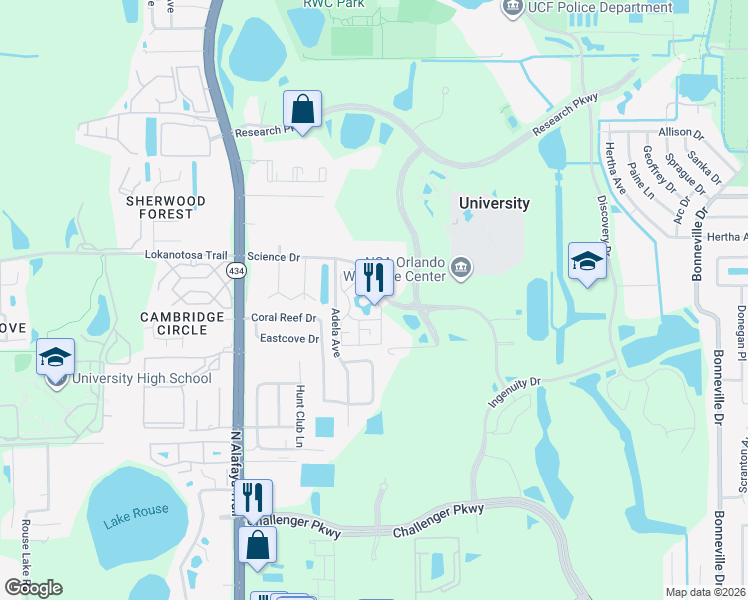 map of restaurants, bars, coffee shops, grocery stores, and more near 2811 Einstein Way in Orlando
