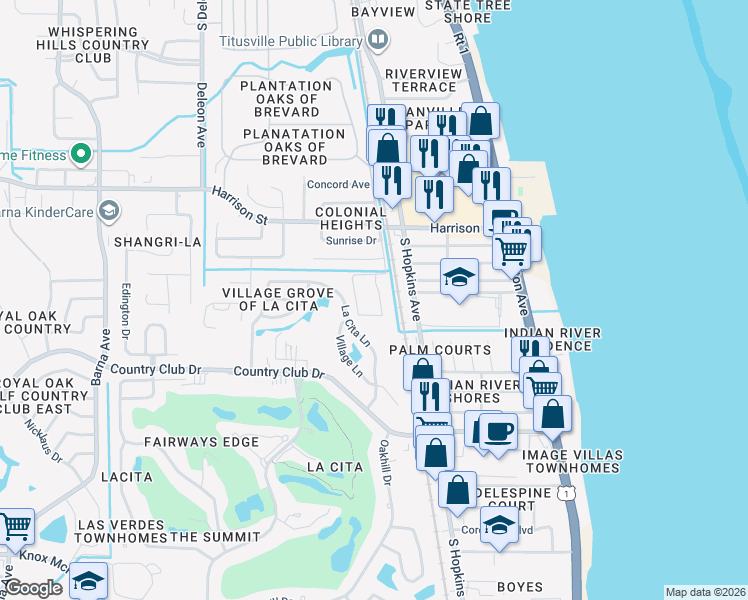 map of restaurants, bars, coffee shops, grocery stores, and more near 3100 Sir Hamilton Circle in Titusville