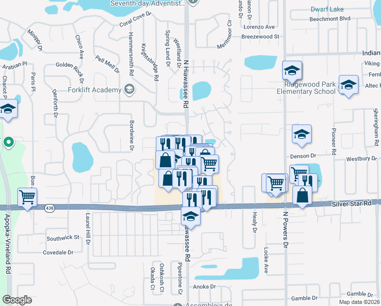 map of restaurants, bars, coffee shops, grocery stores, and more near 2901 Burroughs Drive in Pine Hills