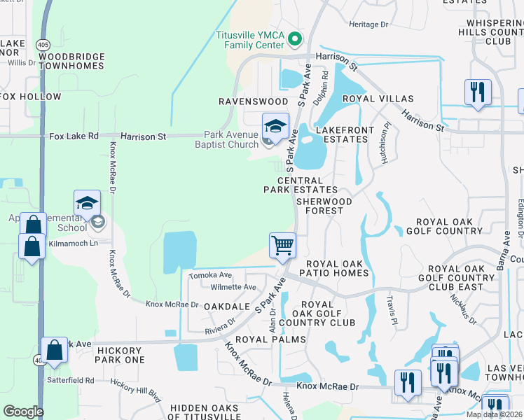 map of restaurants, bars, coffee shops, grocery stores, and more near 3260 Treetop Drive in Titusville