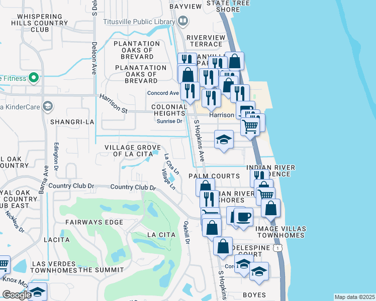 map of restaurants, bars, coffee shops, grocery stores, and more near 3053 Sir Hamilton Circle in Titusville