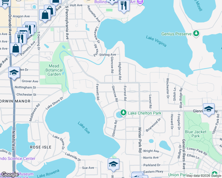map of restaurants, bars, coffee shops, grocery stores, and more near 1820 Englewood Road in Winter Park