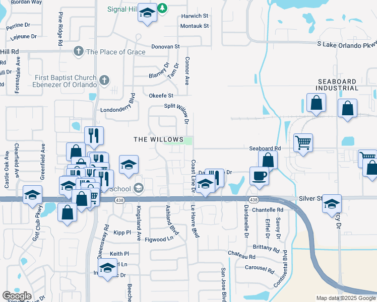 map of restaurants, bars, coffee shops, grocery stores, and more near 2853 Willow Run in Orlando