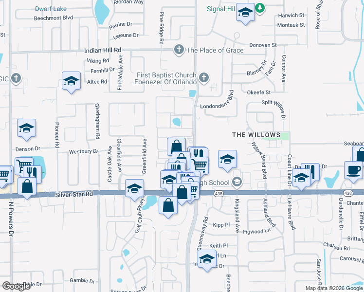 map of restaurants, bars, coffee shops, grocery stores, and more near 2872 Spring Hill Court in Pine Hills