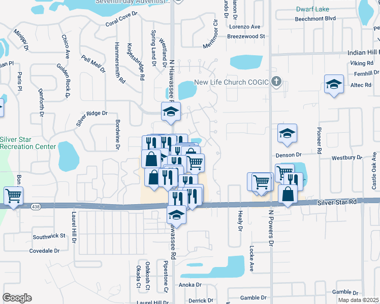 map of restaurants, bars, coffee shops, grocery stores, and more near 6810 Burroughs Court in Pine Hills