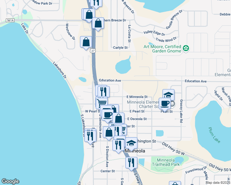 map of restaurants, bars, coffee shops, grocery stores, and more near 105 West Minneola Street in Minneola