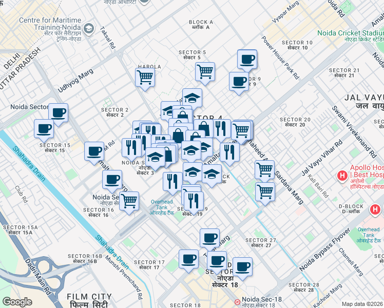 map of restaurants, bars, coffee shops, grocery stores, and more near A Block Road in Noida