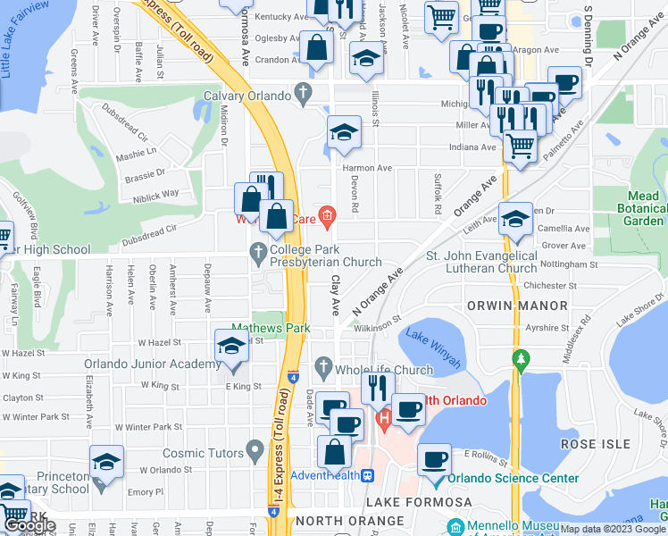 map of restaurants, bars, coffee shops, grocery stores, and more near 3310 Clay Avenue in Orlando