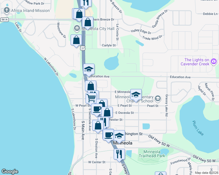 map of restaurants, bars, coffee shops, grocery stores, and more near 105 West Minneola Street in Minneola