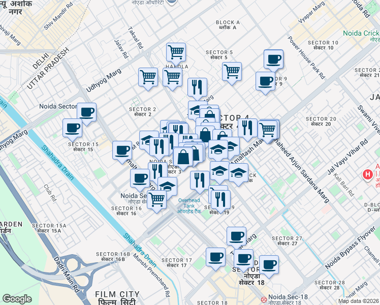 map of restaurants, bars, coffee shops, grocery stores, and more near 4 Vyapar Marg in Noida