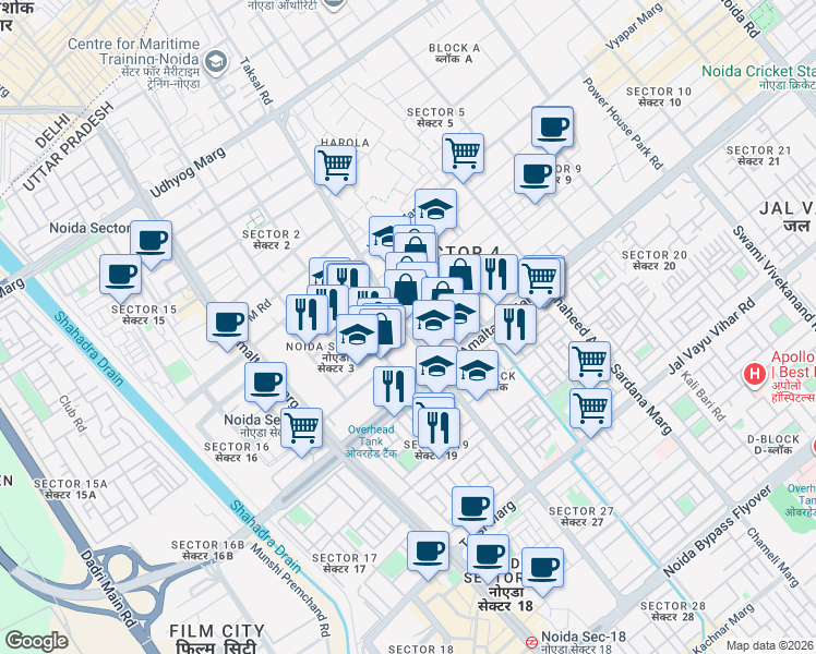 map of restaurants, bars, coffee shops, grocery stores, and more near in Noida