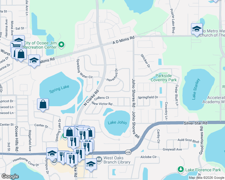 map of restaurants, bars, coffee shops, grocery stores, and more near 2727 Cullens Court in Ocoee