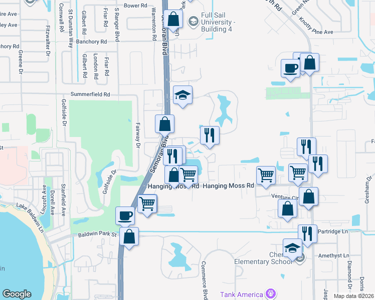 map of restaurants, bars, coffee shops, grocery stores, and more near 871 Cape Dory Court in Winter Park