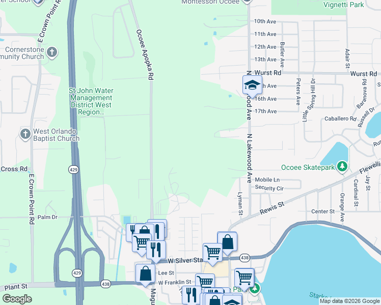 map of restaurants, bars, coffee shops, grocery stores, and more near 455 Ocoee Apopka Road in Ocoee