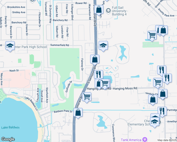 map of restaurants, bars, coffee shops, grocery stores, and more near 1202 Fairway Drive in Winter Park
