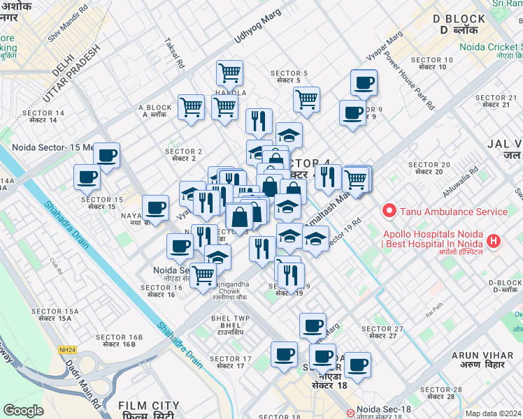 map of restaurants, bars, coffee shops, grocery stores, and more near in Noida