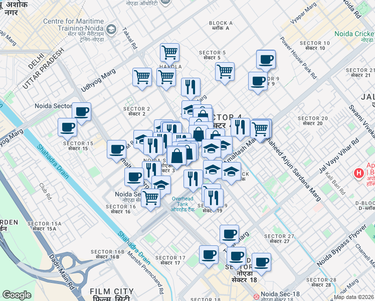 map of restaurants, bars, coffee shops, grocery stores, and more near in Noida