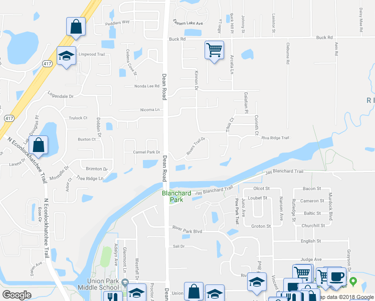 map of restaurants, bars, coffee shops, grocery stores, and more near 10025 Rivers Trail Drive in Orlando
