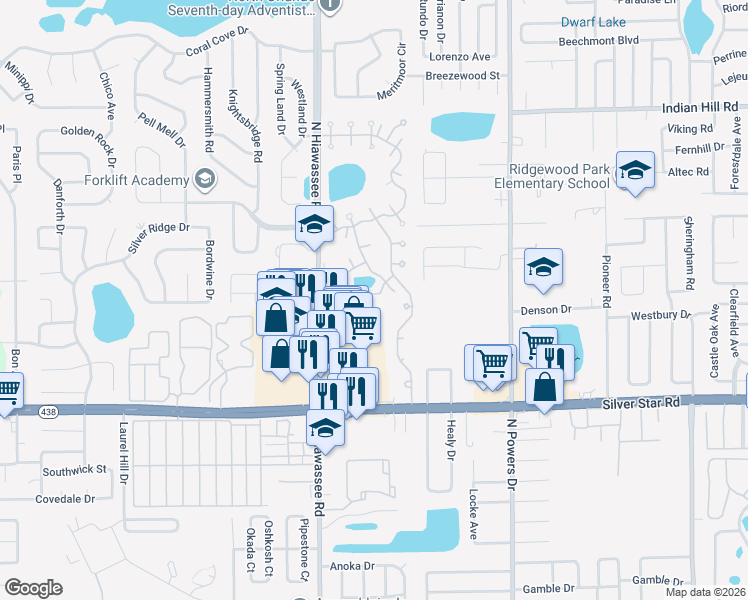 map of restaurants, bars, coffee shops, grocery stores, and more near 6810 Burroughs Court in Pine Hills