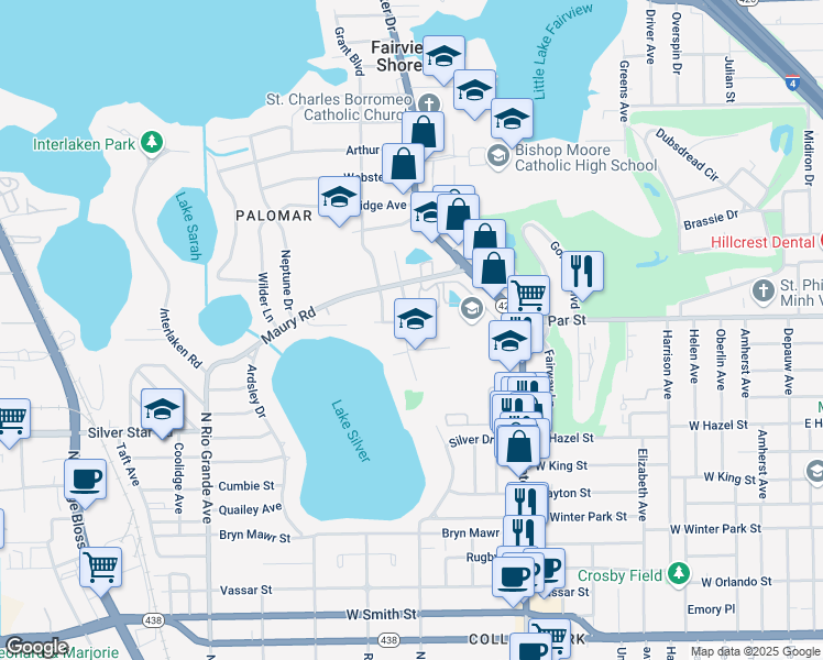 map of restaurants, bars, coffee shops, grocery stores, and more near 3329 North Westmoreland Drive in Orlando