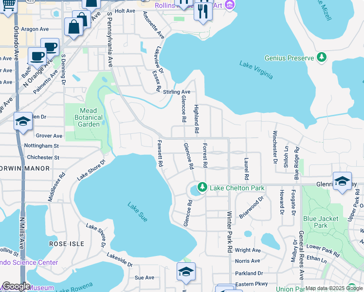 map of restaurants, bars, coffee shops, grocery stores, and more near 241 West Lake Sue Avenue in Winter Park