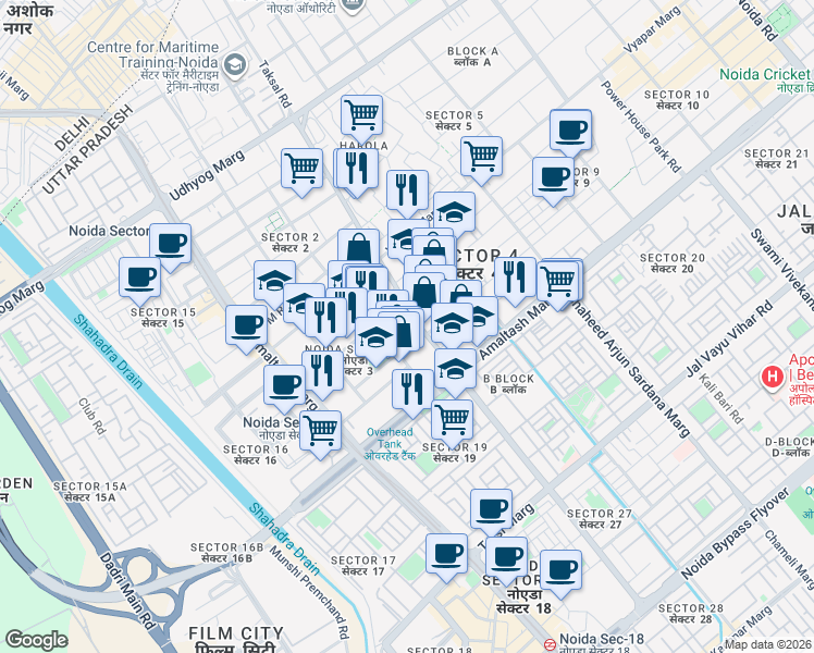 map of restaurants, bars, coffee shops, grocery stores, and more near in Noida