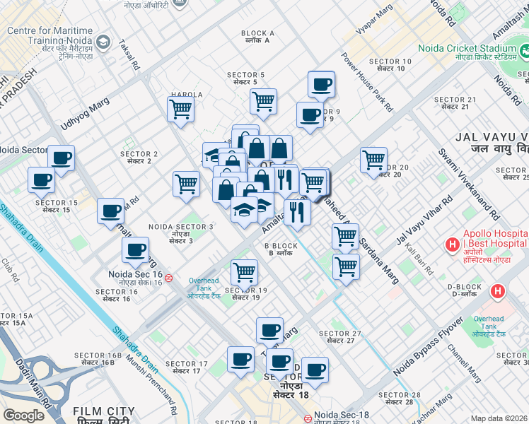 map of restaurants, bars, coffee shops, grocery stores, and more near in Noida