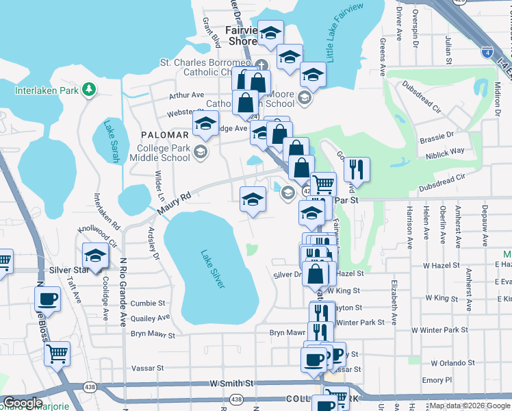 map of restaurants, bars, coffee shops, grocery stores, and more near 850 Maury Road in Orlando