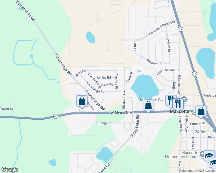 map of restaurants, bars, coffee shops, grocery stores, and more near 113 Brittany Road in Mascotte