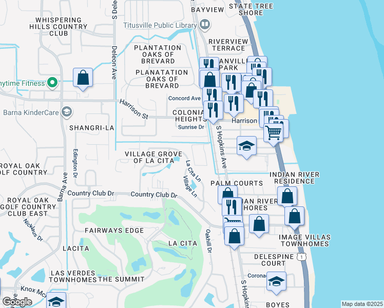 map of restaurants, bars, coffee shops, grocery stores, and more near 2979 Sir Hamilton Circle in Titusville