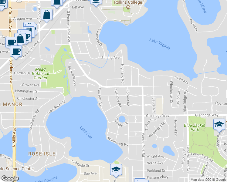 map of restaurants, bars, coffee shops, grocery stores, and more near 241 West Lake Sue Avenue in Winter Park