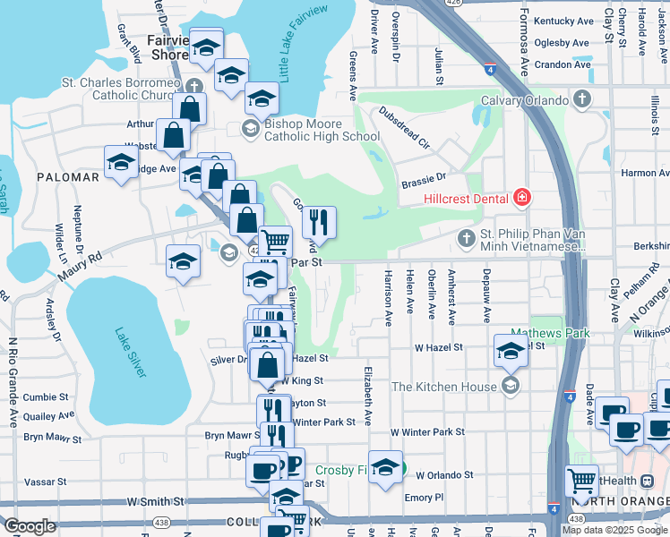 map of restaurants, bars, coffee shops, grocery stores, and more near 549 West Par Street in Orlando