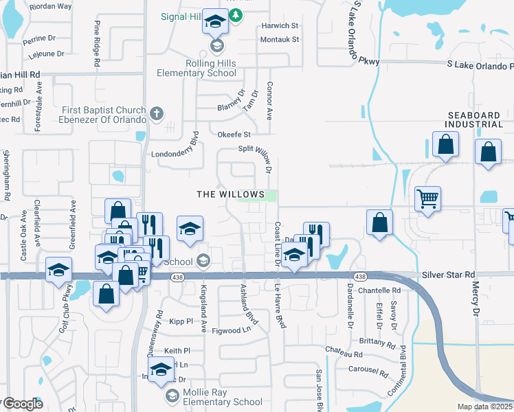 map of restaurants, bars, coffee shops, grocery stores, and more near 3083 Willow Bend Boulevard in Orlando