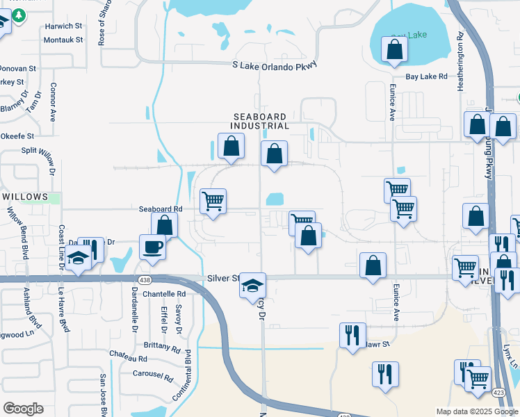 map of restaurants, bars, coffee shops, grocery stores, and more near 4000 Seaboard Road in Orlando