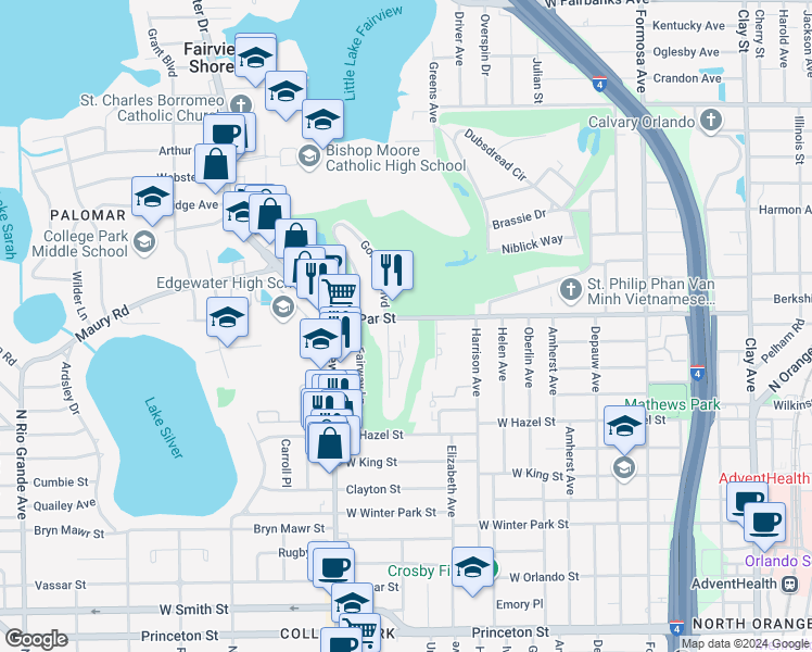 map of restaurants, bars, coffee shops, grocery stores, and more near 526 West Par Street in Orlando