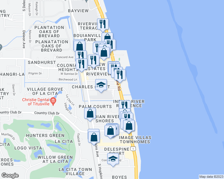 map of restaurants, bars, coffee shops, grocery stores, and more near Ojibway Avenue in Titusville