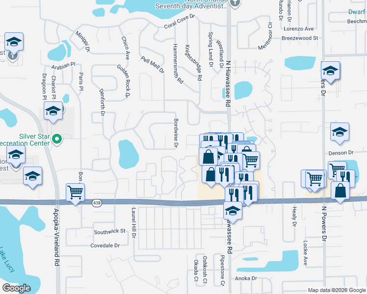 map of restaurants, bars, coffee shops, grocery stores, and more near 7106 Hickory Branch Circle in Orlando
