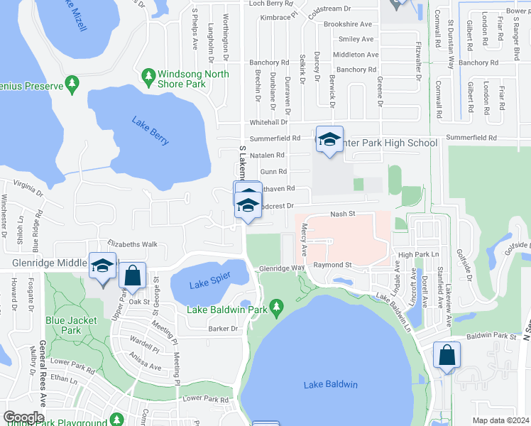 map of restaurants, bars, coffee shops, grocery stores, and more near 1911 Woodcrest Drive in Winter Park