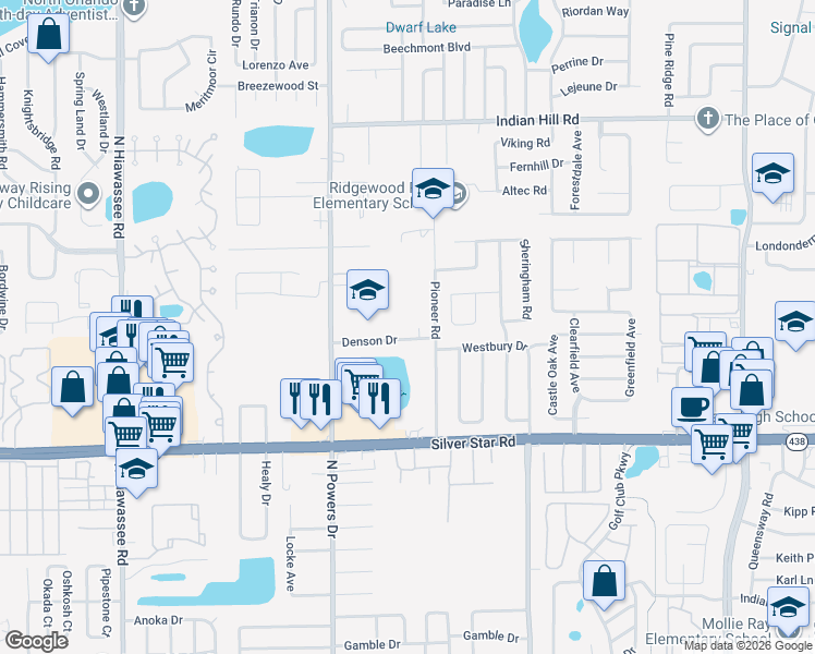 map of restaurants, bars, coffee shops, grocery stores, and more near 6015 Denson Drive in Orlando
