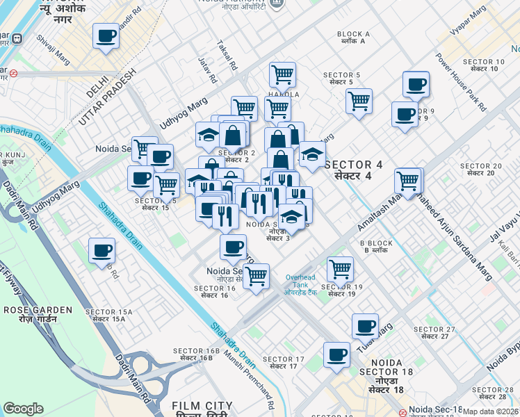 map of restaurants, bars, coffee shops, grocery stores, and more near in Noida