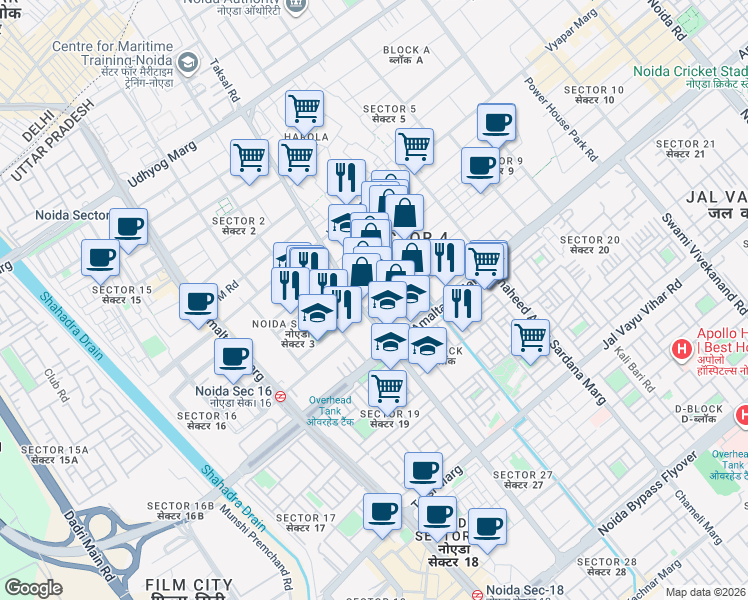 map of restaurants, bars, coffee shops, grocery stores, and more near in Noida