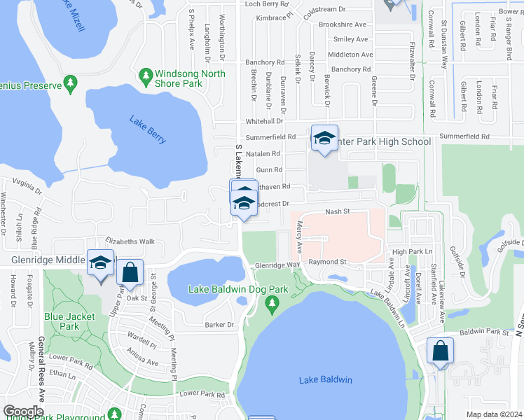 map of restaurants, bars, coffee shops, grocery stores, and more near 1911 Woodcrest Drive in Winter Park