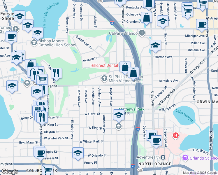 map of restaurants, bars, coffee shops, grocery stores, and more near in Orlando